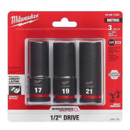 MILWAUKEE 3 Piece 1/2inch Drive 6 Point Shockwave Metric Deep Impact Socket Set 49667025