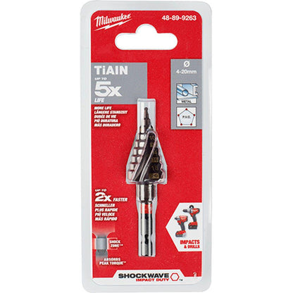 MILWAUKEE 4-20mm 9-Step 1 4-Hex HSS-TiAlN Spiral Flute Step Drill Bit - SHOCKWAVE 48899263
