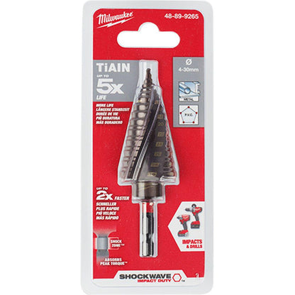 MILWAUKEE 4-30mm 14-Step 1/4-Hex HSS-TiAlN Spiral Flute Step Drill Bit - SHOCKWAVE 48899265