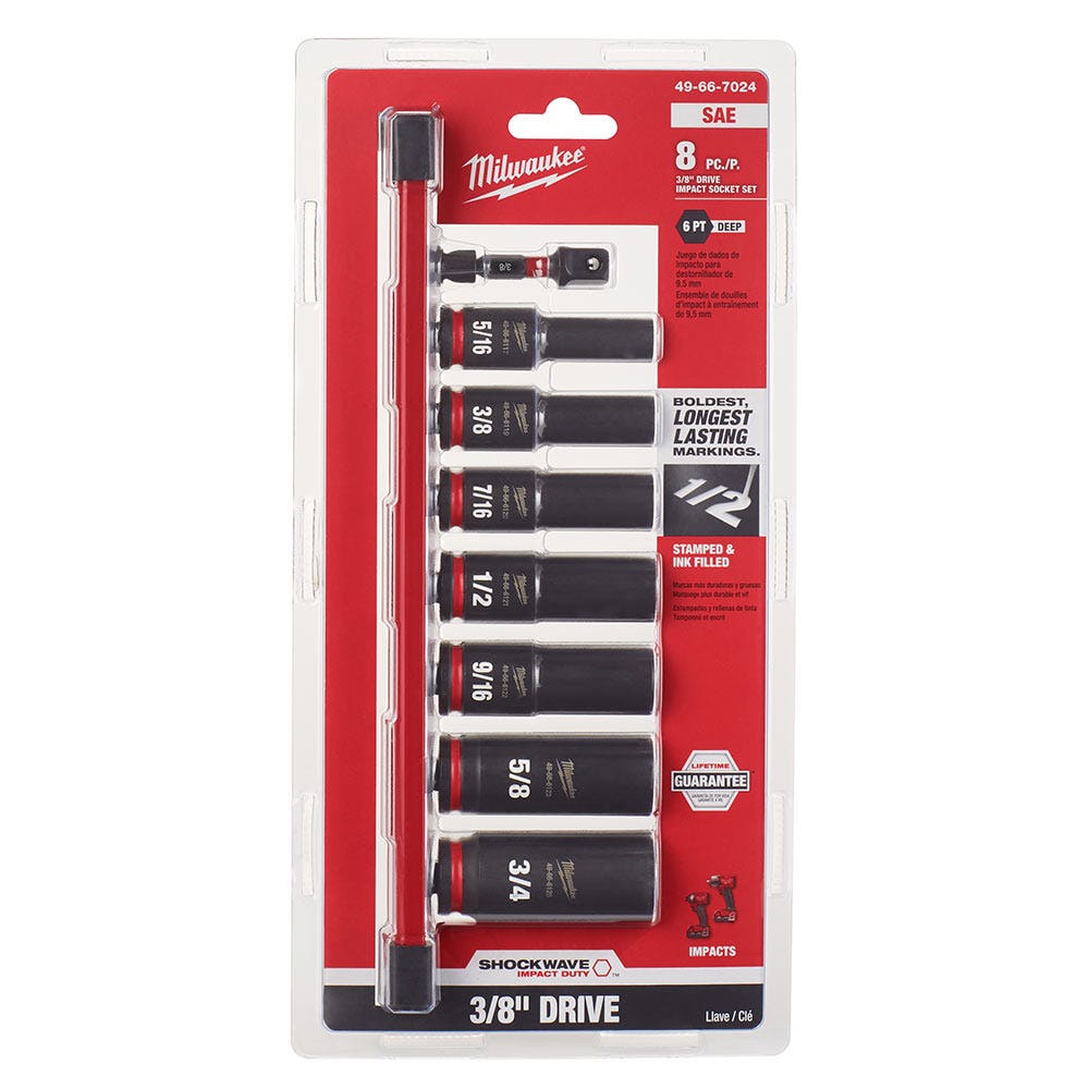 MILWAUKEE 8 Piece 3 8inch Drive 6 Point Shockwae SAE Deep Impact Socket Set 49667024