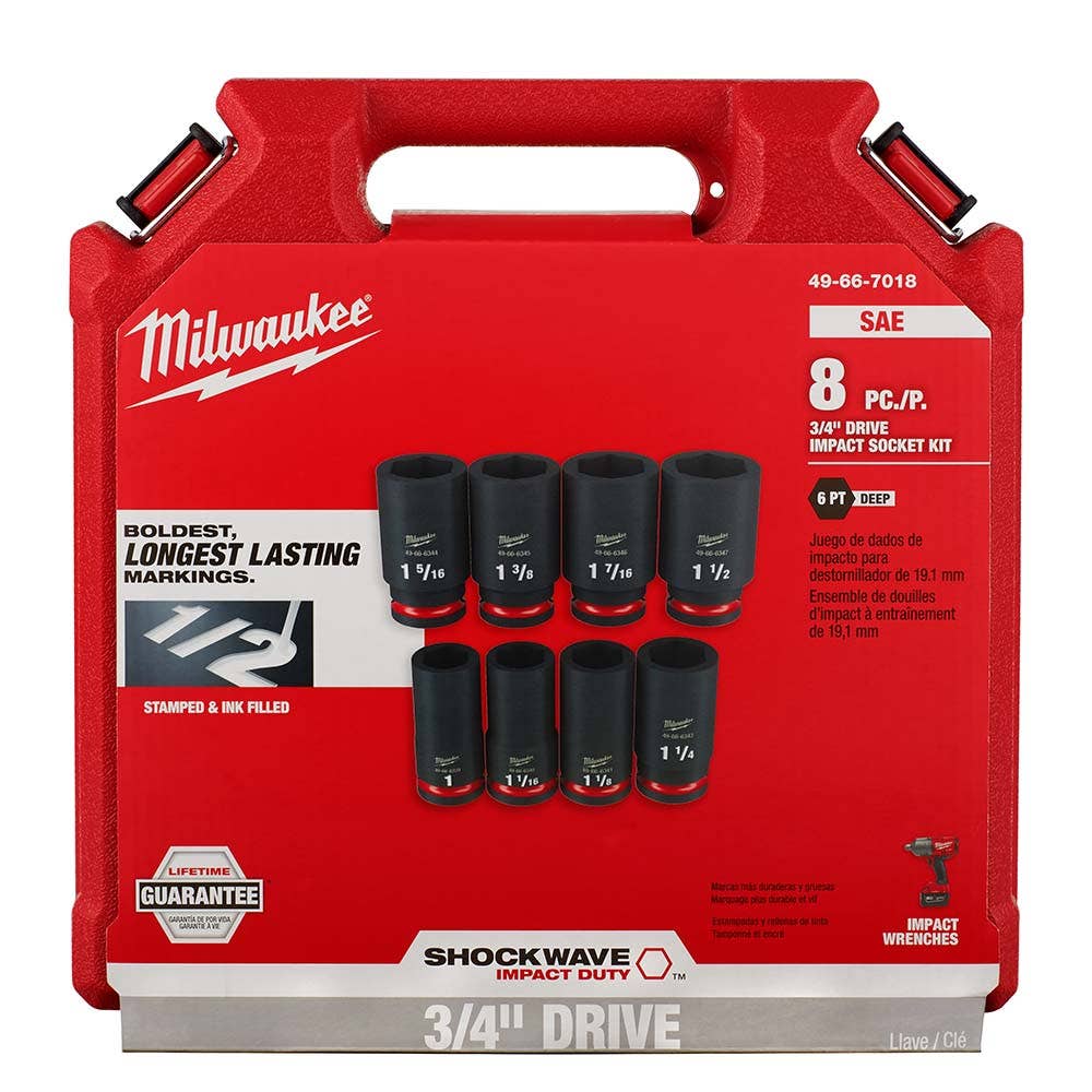 MILWAUKEE 8 Piece 3/4inch Drive 6 Point Shockwave SAE Deep Impact Socket Set 49667018