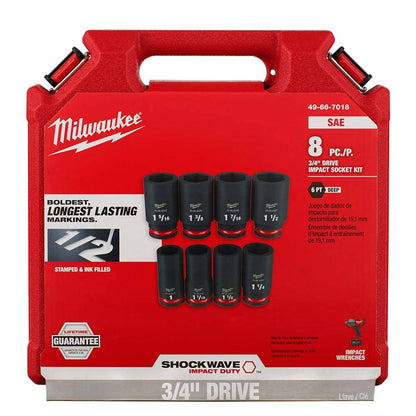 MILWAUKEE 8 Piece 3/4inch Drive 6 Point Shockwave SAE Deep Impact Socket Set 49667018