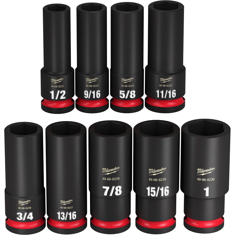 MILWAUKEE 9 Piece 1 2inch Drive 6 Point Shockwave SAE Deep Impact Socket Rail Set 49667022