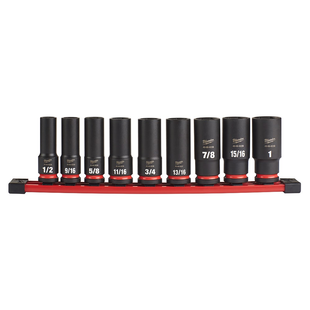 MILWAUKEE 9 Piece 1 2inch Drive 6 Point Shockwave SAE Deep Impact Socket Rail Set 49667022