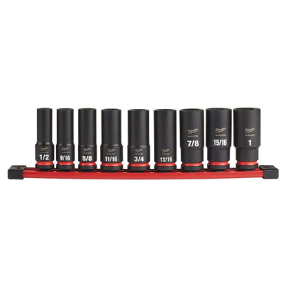 MILWAUKEE 9 Piece 1 2inch Drive 6 Point Shockwave SAE Deep Impact Socket Rail Set 49667022