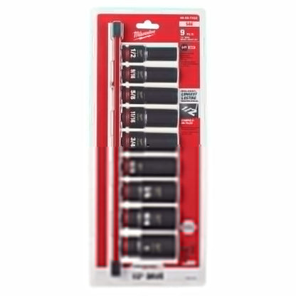 MILWAUKEE 9 Piece 1 2inch Drive 6 Point Shockwave SAE Deep Impact Socket Rail Set 49667022
