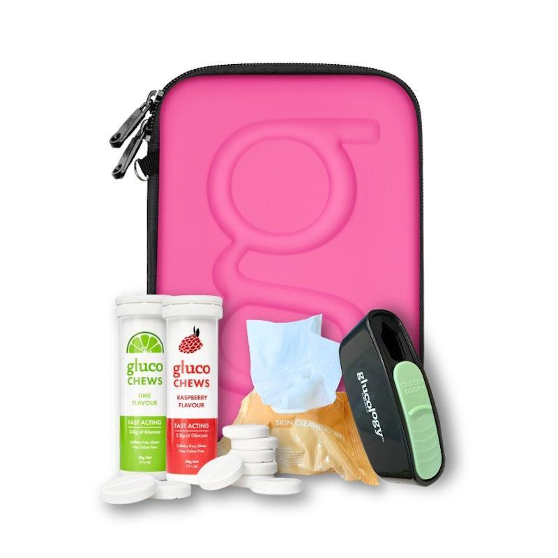 Glucology Pink Classic Case + 2 Tubes of Fast Acting Glucochews + 1 Sharps Bins + 1 x 20 Pack Alcohol Free Wipes Bundle