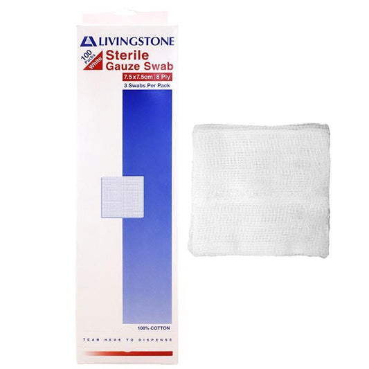Livingstone Sterile Gauze Swabs - 100 Pieces (8 Ply, 7.5 x 7.5cm)