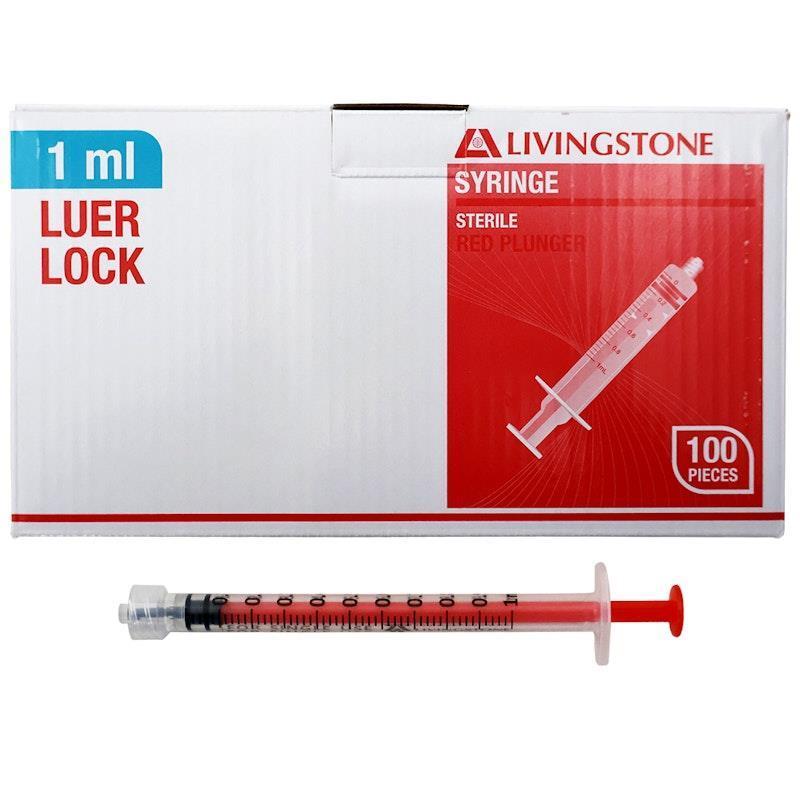 Livingstone Syringe Luer Lock Tip Red Plunger Sterile 1ml 100 Pieces/Box