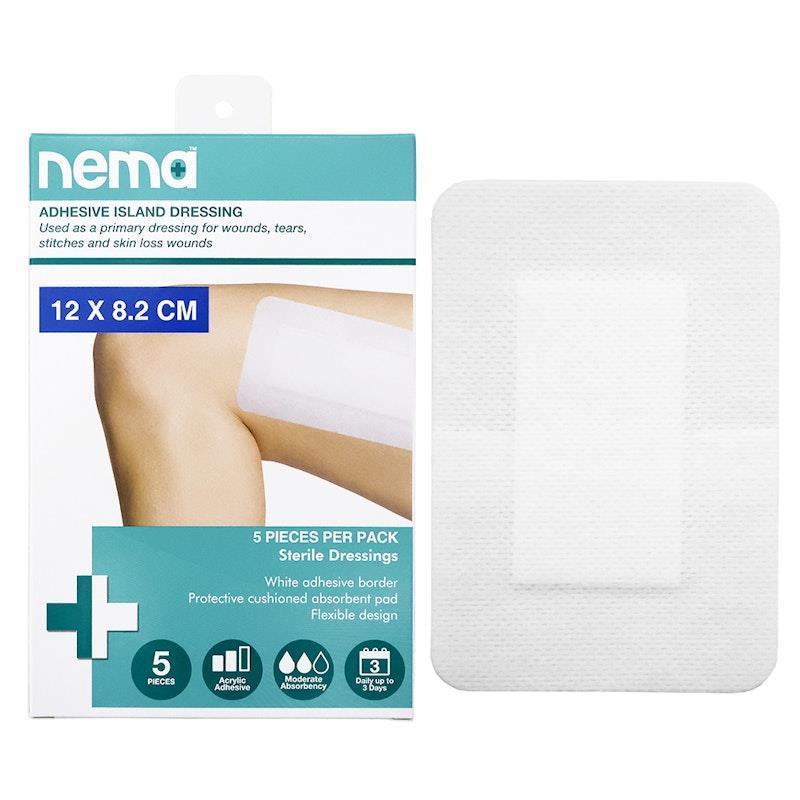 Nema Adhesive Island Dressing Non-Adherent Pad Sterile 12 x 8.2cm 5 Pieces/Box