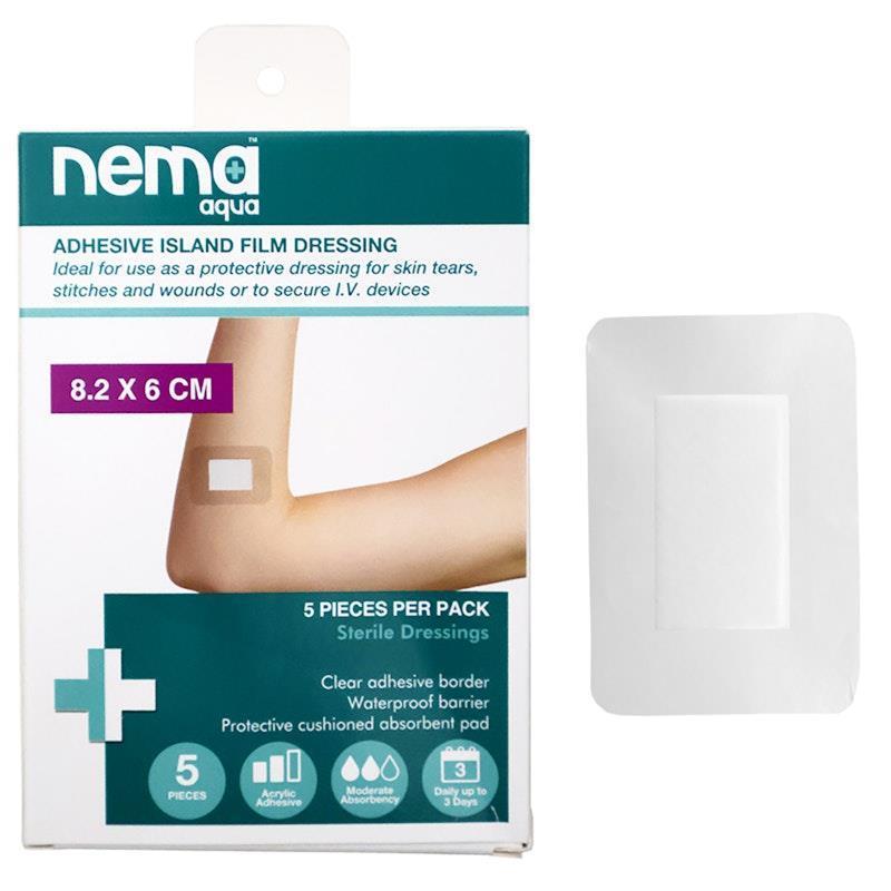 Nema Aqua Transparent Island Film Dressing Non-Adherent Pad Waterproof Sterile 8.2 x 6cm 5 Pieces/Box