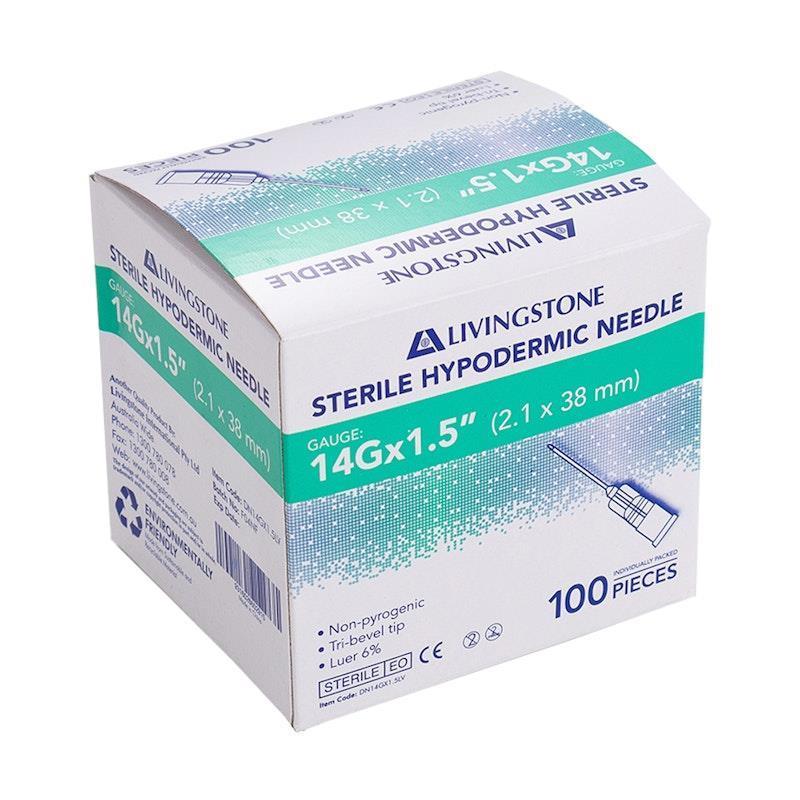Livingstone Hypodermic Needles 14G (2.1mm) x 1.5 Inches (38mm) 100 Pieces/Box
