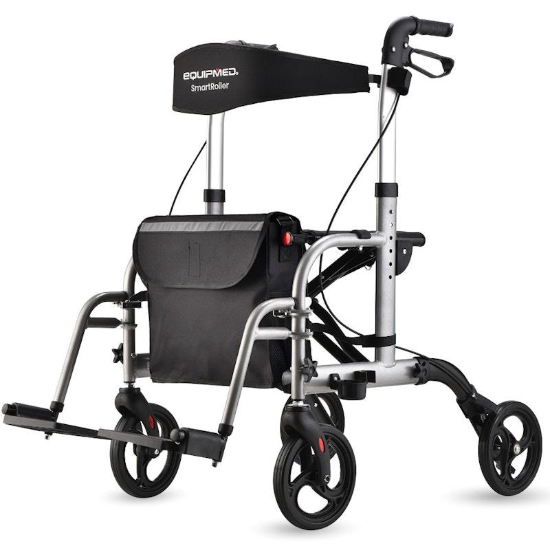 Equipmed 2-in-1 Foldable Aluminium Walking Frame Rollator Silver