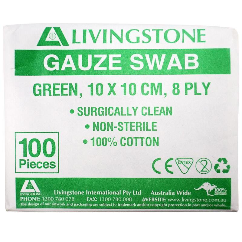 Livingstone Gauze Swabs 8-Ply Non-Sterile Green 10 x 10cm 100 Pieces/Pack