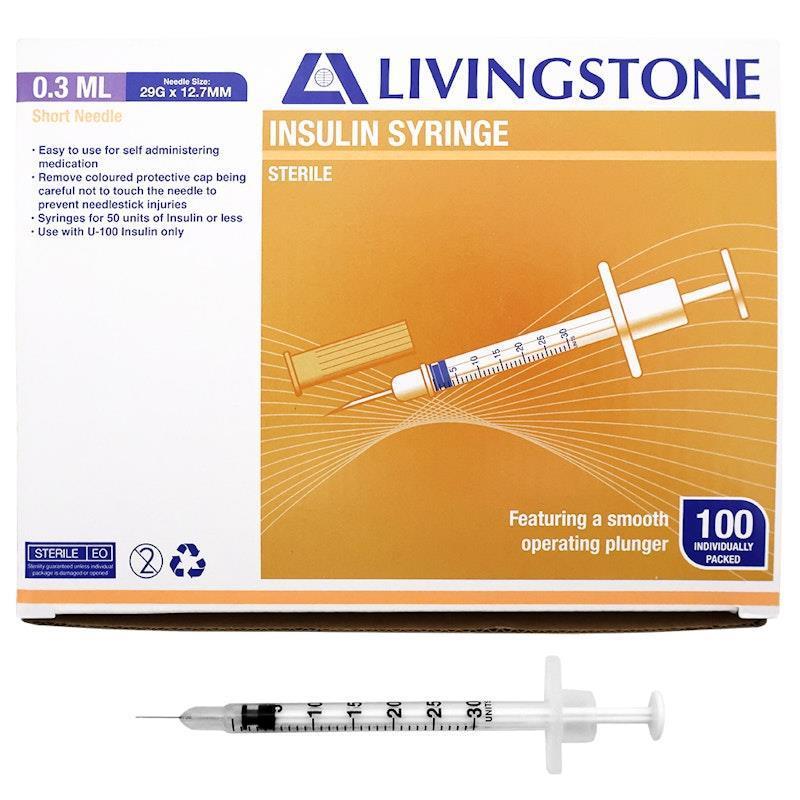 Livingstone Insulin Syringes 0.3mL White Plunger with Needle 29 Gauge Sterile 100 Pieces/Box