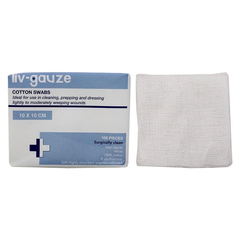 Livingstone Gauze Swabs 8 ply Cotton Non-Sterile 10 x 10 cm 100 Pieces/Box