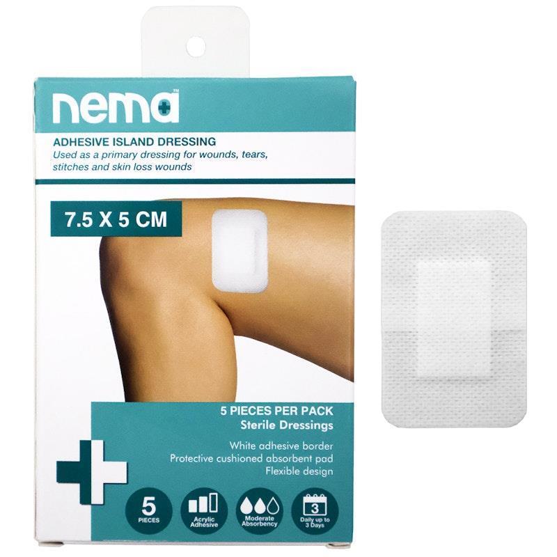 Nema Adhesive Island Dressing - Non-Adherent Sterile Pad 7.5 x 5cm (5 Pieces/Box)