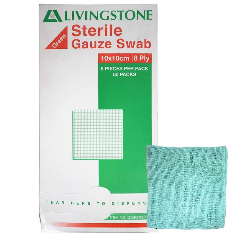Livingstone Gauze Swabs Sterile Green 8-Ply 10 x 10cm 50 Pieces/Pack
