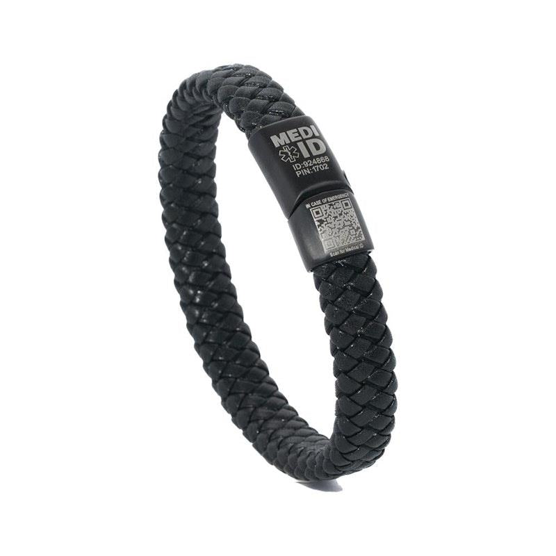 MEDI-ID Medical ID Leather Bracelet 21.5cm Black with Black Clasp - 1pc