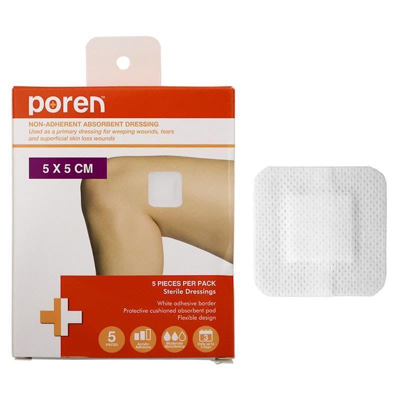 Poren Non-Adherent Absorbent Dressing Sterile 5 x 5cm 5Pack