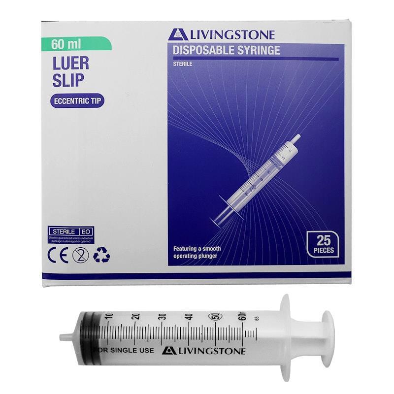 Livingstone Syringe Luer Slip Tip Eccentric Off Centre Nozzle 60ml 25 Pieces/Box