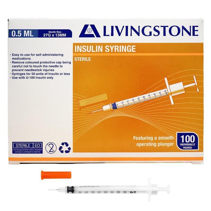 Livingstone Insulin Syringes 0.5mL White Plunger with Needle 27 Gauge Sterile 100 Pieces/Box