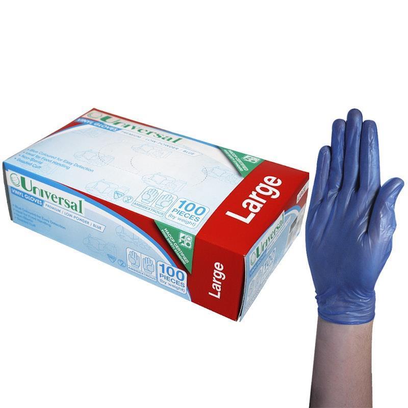Universal Vinyl Gloves Low Powder Blue Large 100 Pieces/Box