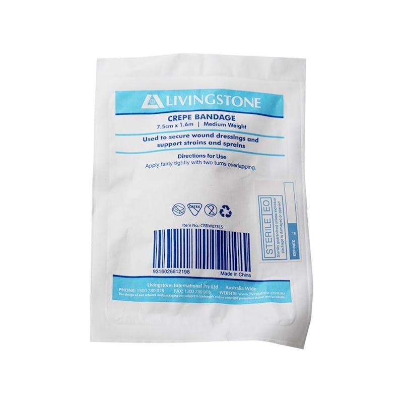 Livingstone Crepe Bandage without Clips Medium Weight Sterile 7.5cm x 1.6m 1 Piece
