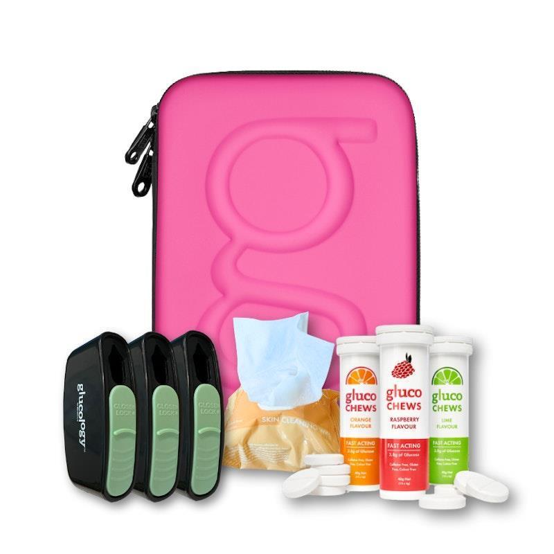 Glucology Pink Plus Case + 3 Tubes of Fast Acting Glucochews + 3 Sharps Bins + 1 x 20 Pack Alcohol Free Wipes Bundle