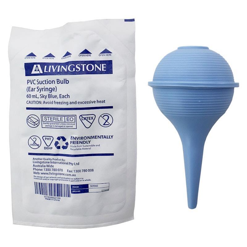 Livingstone Ear Syringe Suction Bulb Nasal Aspirator PVC Latex Free Sky Blue Sterile 60ml