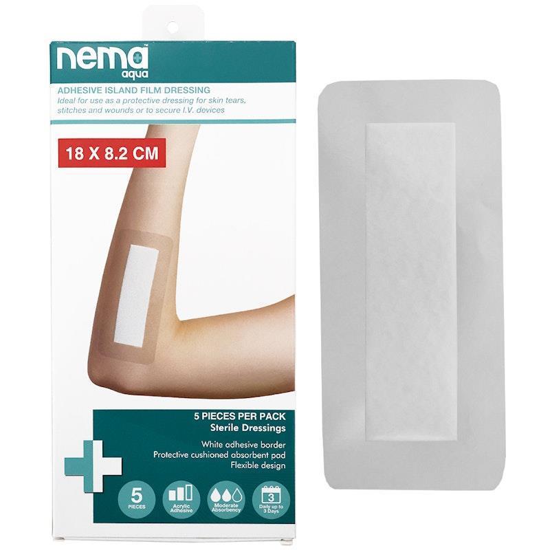 Nema Aqua Transparent Island Film Dressing Non-Adherent Pad Waterproof Sterile 18 x 8.2cm 5 Pieces/Box