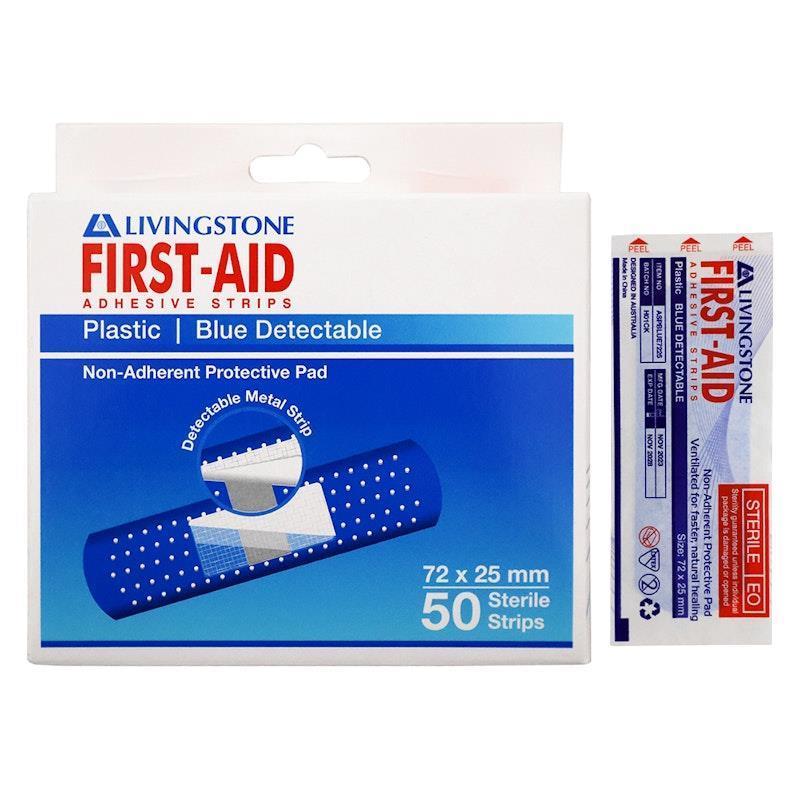 Livingstone Metal Detectable Blue Adhesive Strips with Pad - Waterproof, 72 x 25mm, 50 Pieces/Box