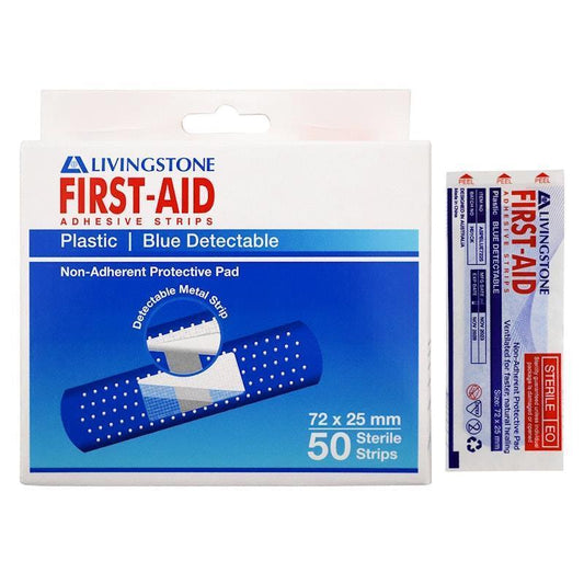 Livingstone Metal Detectable Blue Adhesive Strips with Pad - Waterproof, 72 x 25mm, 50 Pieces/Box