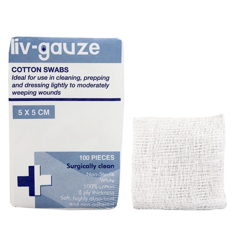 Livingstone Gauze Swabs 8 Ply Cotton Non-Sterile 5x5cm 100 Pieces/Box