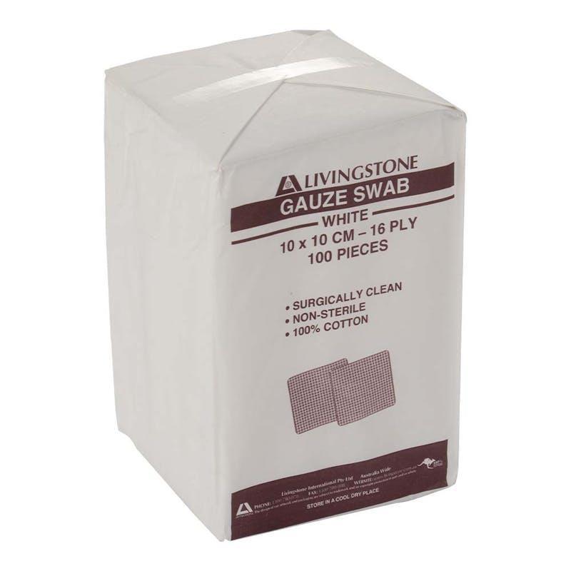 Livingstone Gauze Swabs 16-Ply Non-Sterile White 10 x 10cm 100 Pieces/Pack