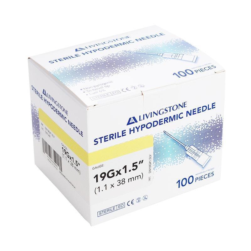 Livingstone Hypodermic Needles 19G (1.1mm) x 1.5 Inches (38mm) 100 Pieces/Box