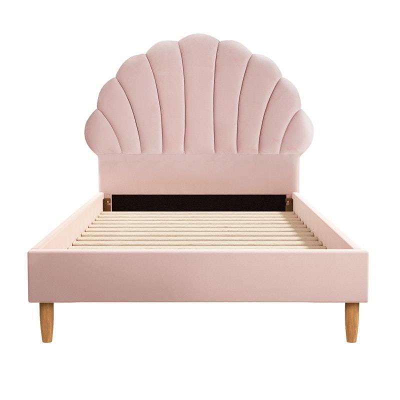 Oikiture Bed Frame Single Size Scallop-Shape Bedhead Velvet Pink