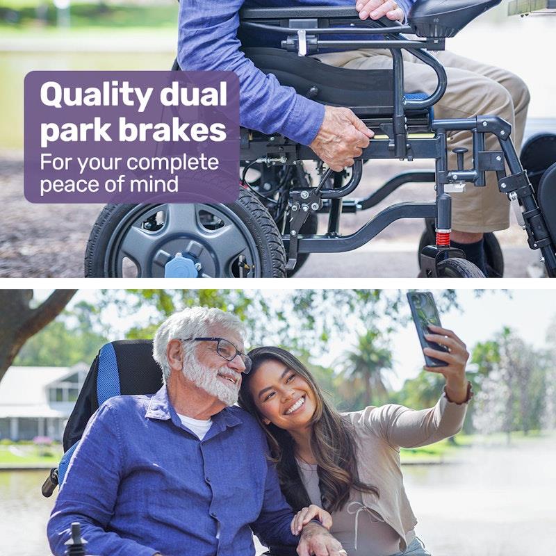 Equipmed Power Electric Wheelchair - Longrange for S-XL (16" Wheels, Black & Blue)