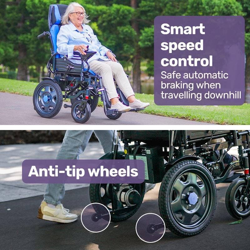 Equipmed Power Electric Wheelchair - Longrange for S-XL (16" Wheels, Black & Blue)