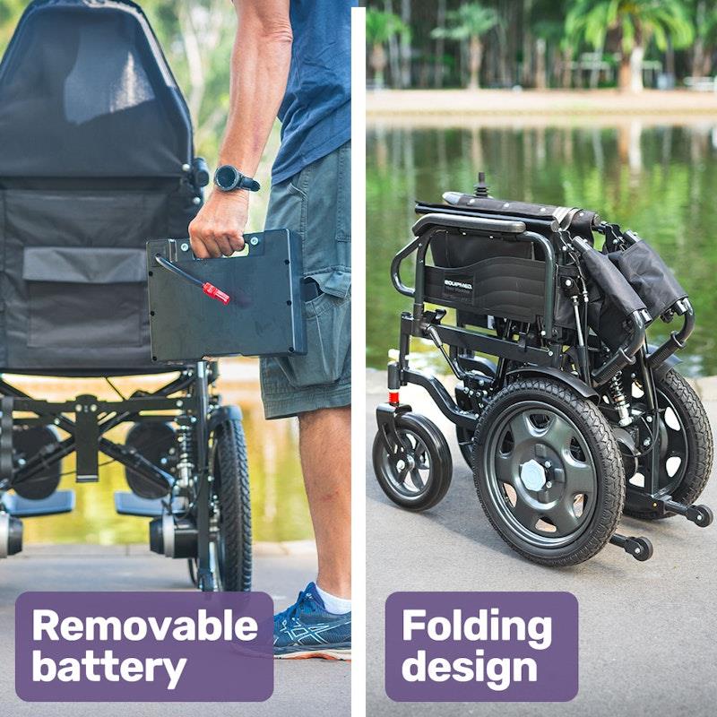 Equipmed Power Electric Wheelchair - Longrange for S-XL (16" Wheels, Black & Blue)