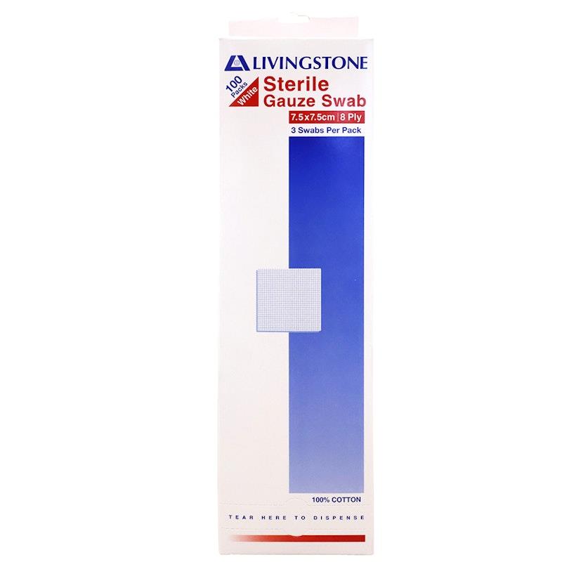 Livingstone Sterile Gauze Swabs - 100 Pieces (8 Ply, 7.5 x 7.5cm)
