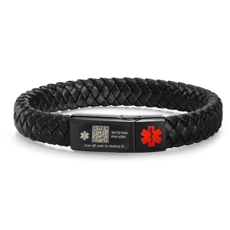 MEDI-ID Medical ID Leather Bracelet 21.5cm Black with Black Clasp - 1pc