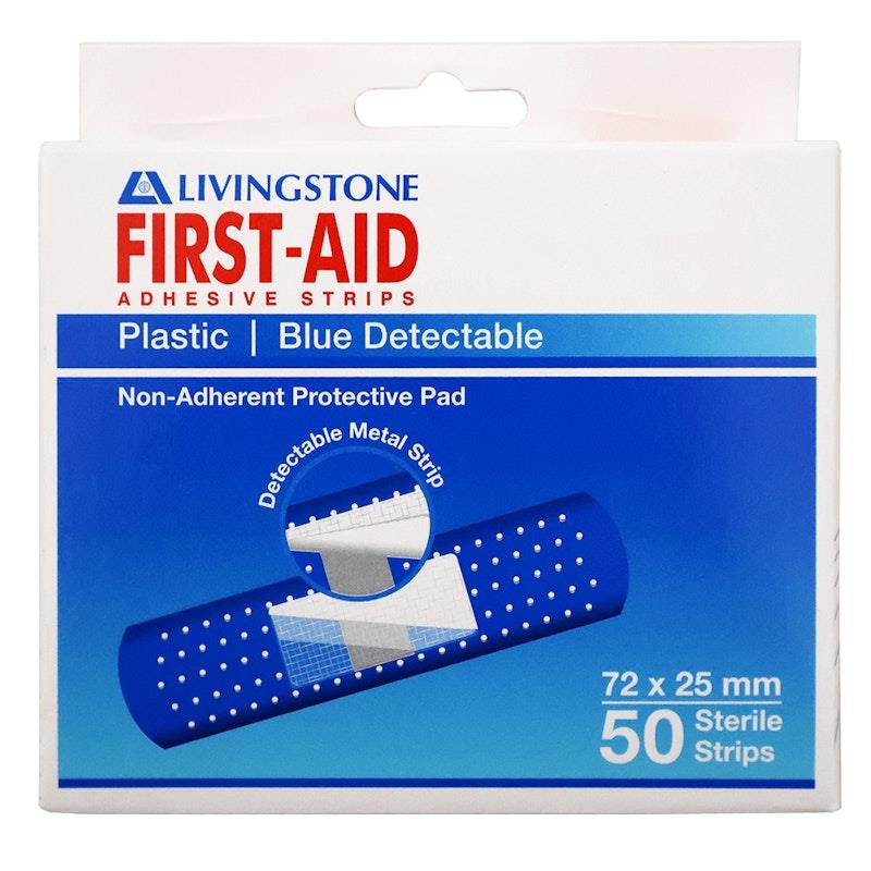 Livingstone Metal Detectable Blue Adhesive Strips with Pad - Waterproof, 72 x 25mm, 50 Pieces/Box