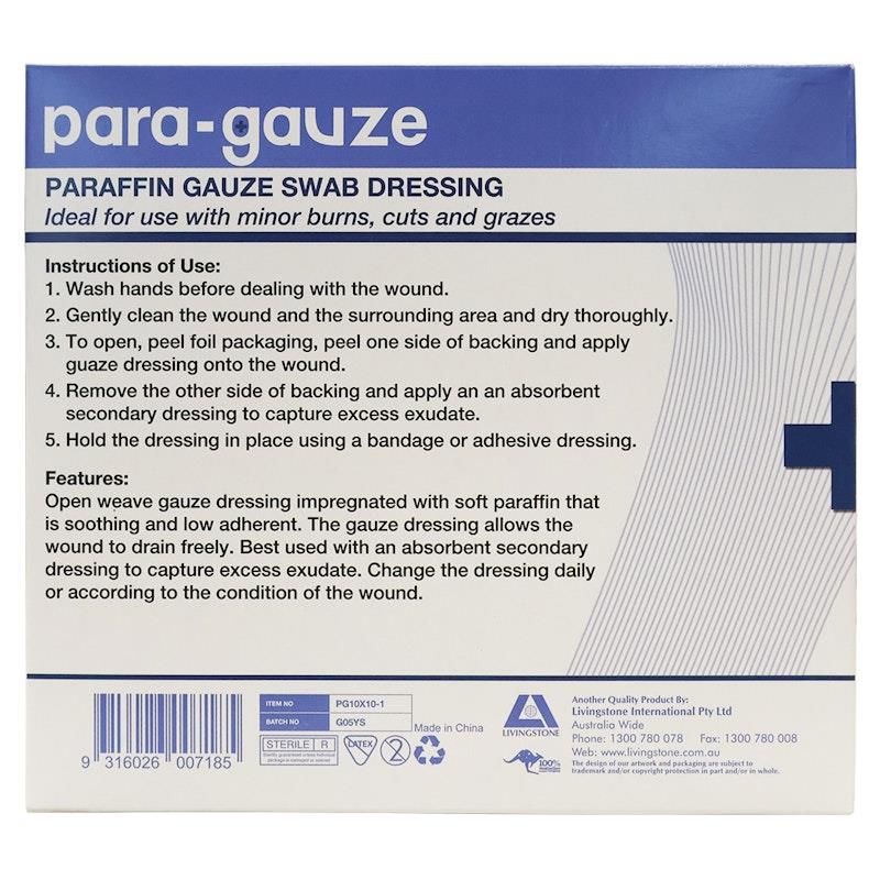 Livingstone Sterile Paraffin Gauze Swab Dressings - 10 x 10cm (10 Pieces/Box)