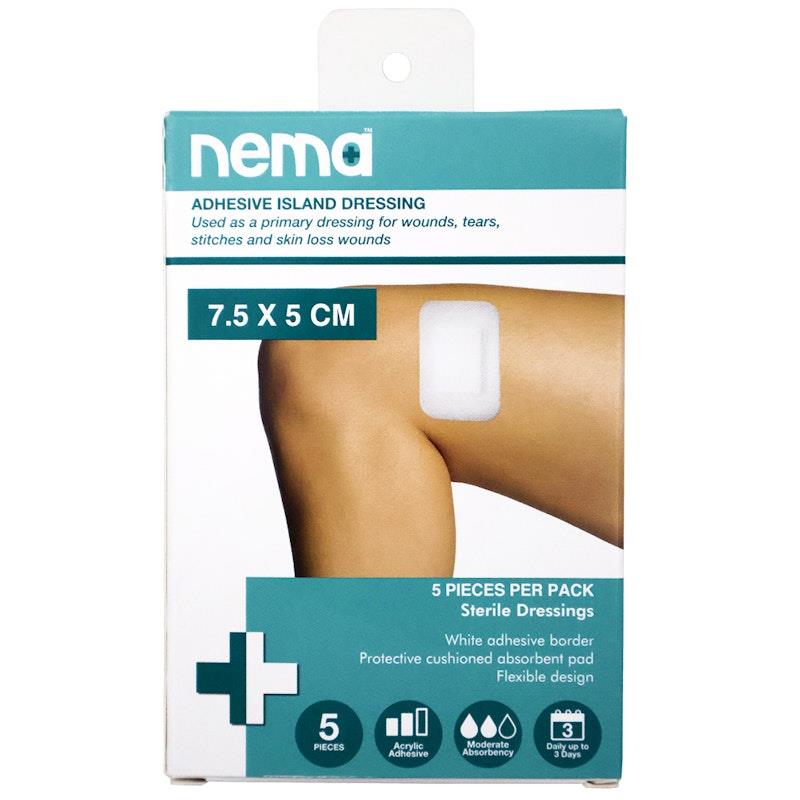 Nema Adhesive Island Dressing - Non-Adherent Sterile Pad 7.5 x 5cm (5 Pieces/Box)