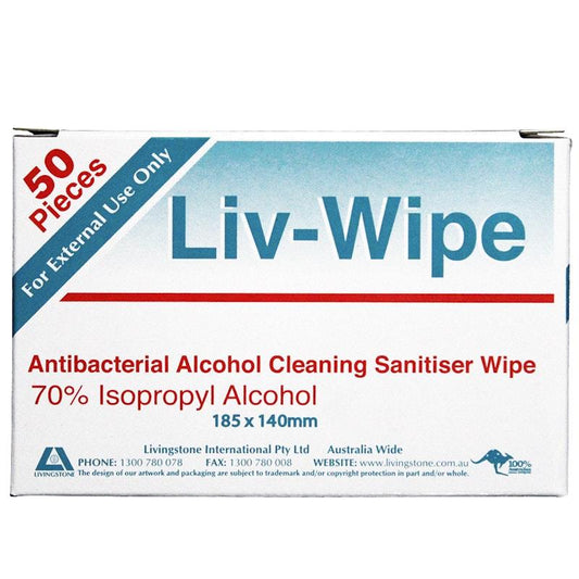 Liv-Wipe Antibacterial 70% Alcohol Cleaning Wipe 18.5 x 14cm 50 Pieces/Box