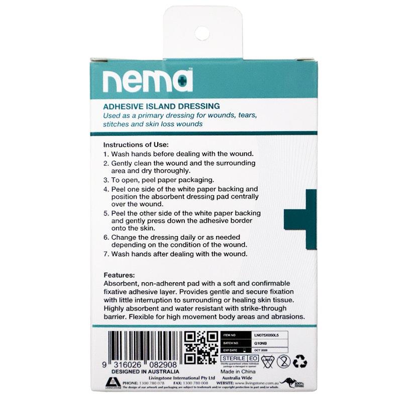Nema Adhesive Island Dressing - Non-Adherent Sterile Pad 7.5 x 5cm (5 Pieces/Box)