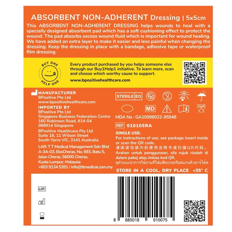 bpositive Absorbent Non-Adherent Dressing 5cm x 5cm - 2 Pack