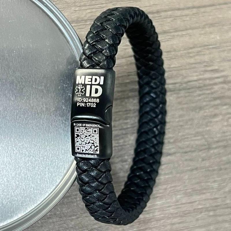 MEDI-ID Medical ID Leather Bracelet 21.5cm Black with Black Clasp - 1pc