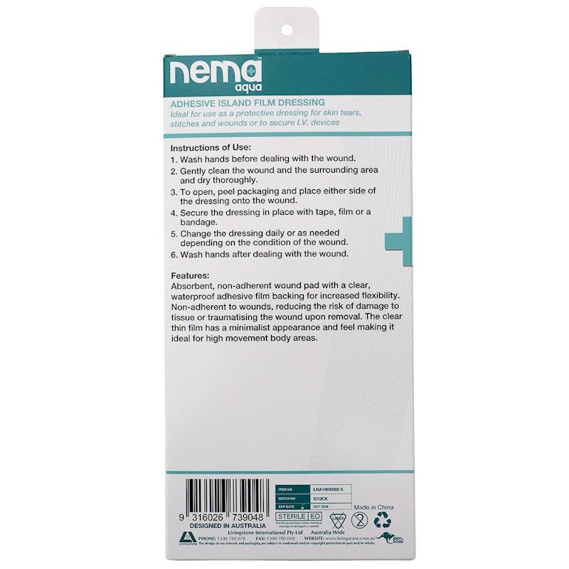 Nema Aqua Waterproof Island Film Dressing - Non-Adherent Pad 18 x 8.2cm (5 Pieces/Box)